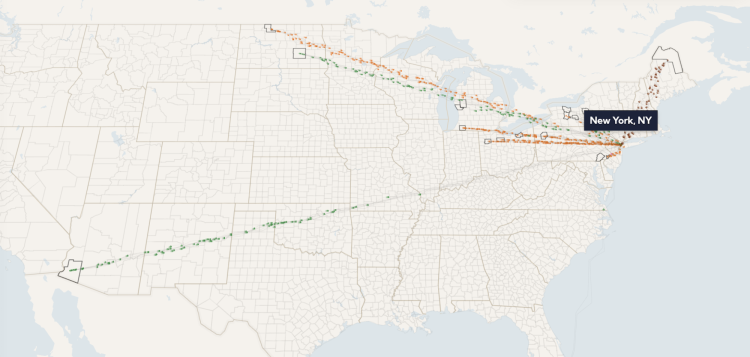 Map with colored dots flowing into New York City from various points in the U.S.