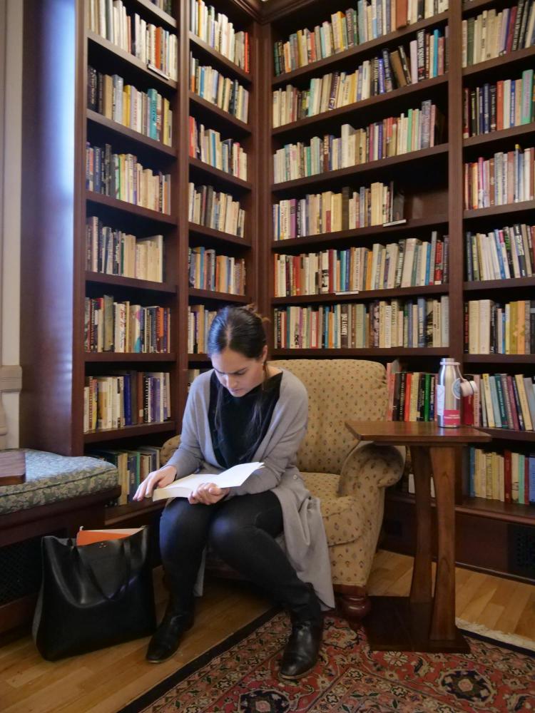 Deven Parker, a fifth-year graduate student in the English department, studies in the Hazel Gates Woodruff reading room.