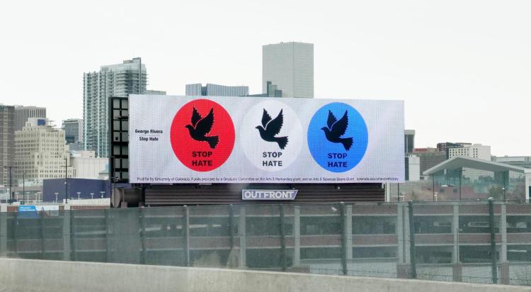 Billboard art displaying three circles with doves in them