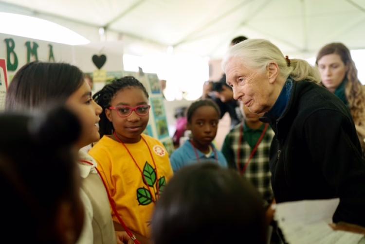 Jane Goodall speaking to children