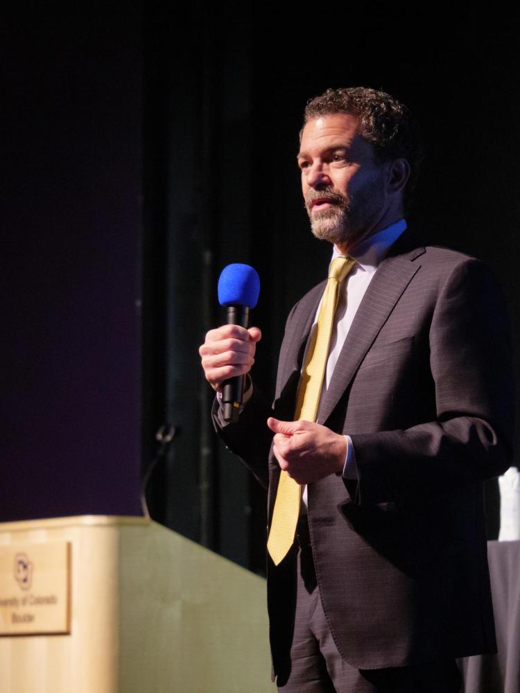 CU President Todd Saliman speaks at an open forum on the Boulder campus in April 2022