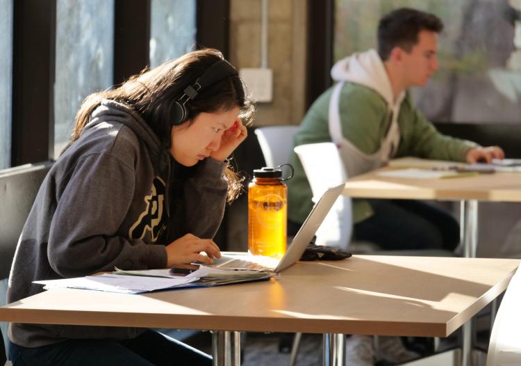 Student studying at laptop on campus