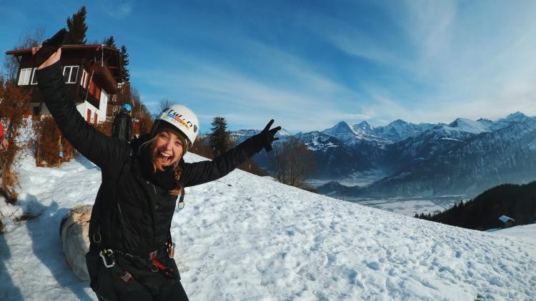 Student snowboarding in Switzerland during study abroad trip