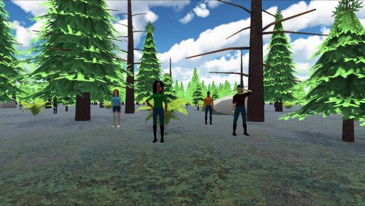 Cyfrowa animacja drzew w lesie z kilkoma ludźmi stojącymi w pobliżu