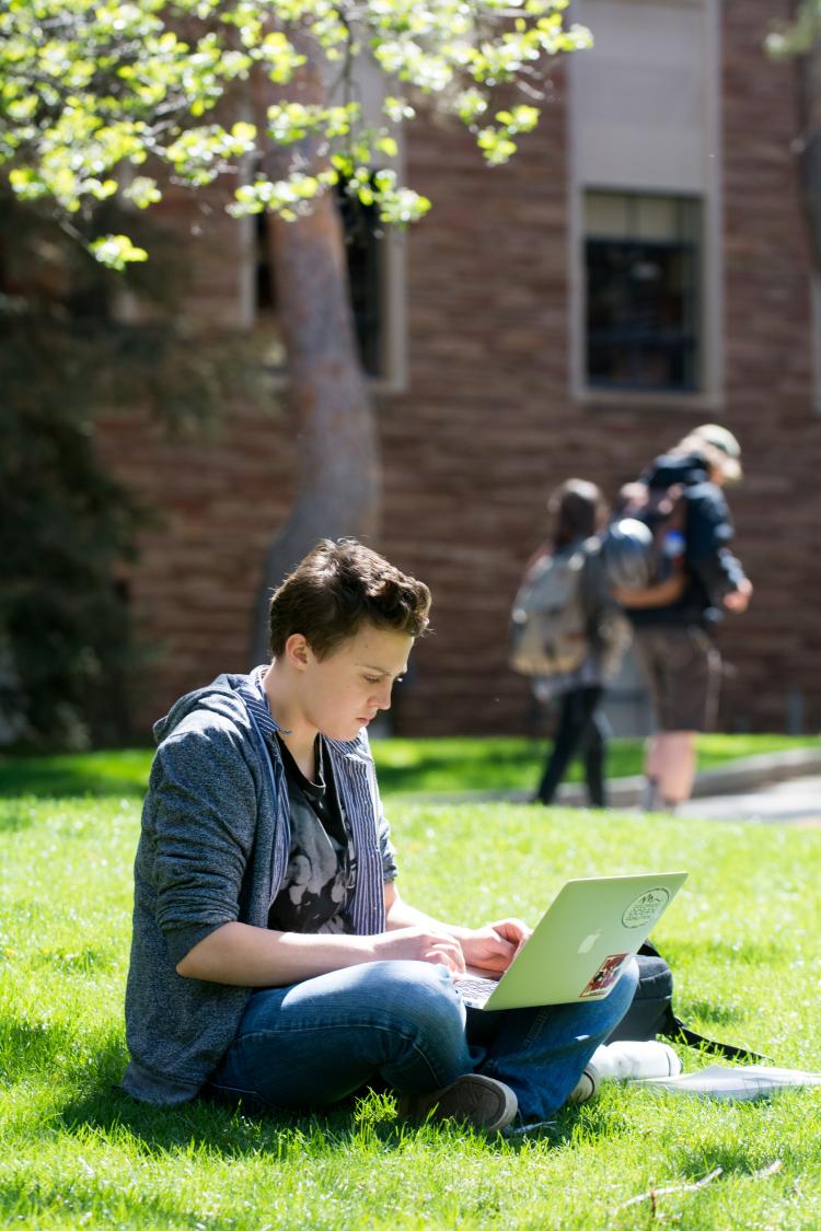 person working on laptop outside on campus