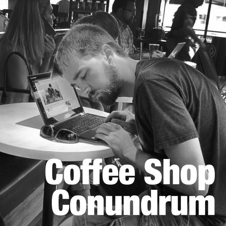 A person endeavors to hear the soundtrack of a video in a busy coffee shop. 'Coffee Shop Conundrum' is on the image.