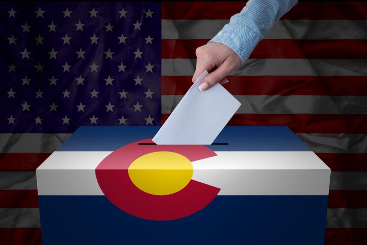 Ballot box with Colorado and U.S. flag stock image