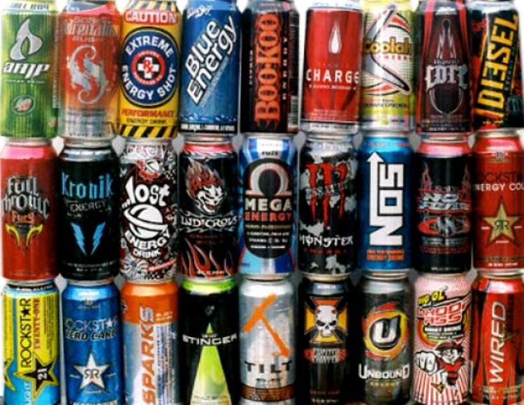 Many types of energy drinks stacked in cans