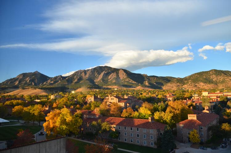 aerial view of CU Boulder campus and flatirons