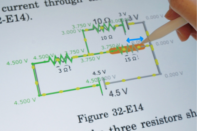 Fingers hold a stylus above an iPad screen displaying a page from a textbook showing a diagram of an electric current