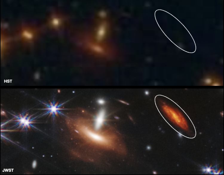 Two images stacked vertically revealing objects in space. The bottom image, labeled "HST," includes a circled area that appears to be empty. The lower image, labeled "JWST," includes the same circled area with a bright red galaxy in it
