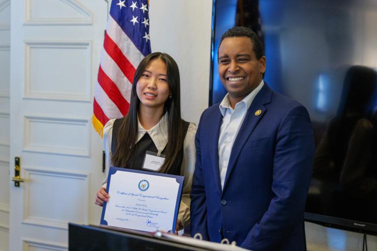 First-year student Joanne Kim and Congressman Joe Neguse