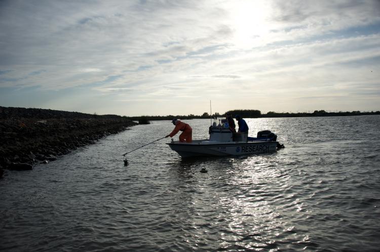 Researchers are adjusting their monitors on a boat on the San Joaquin River