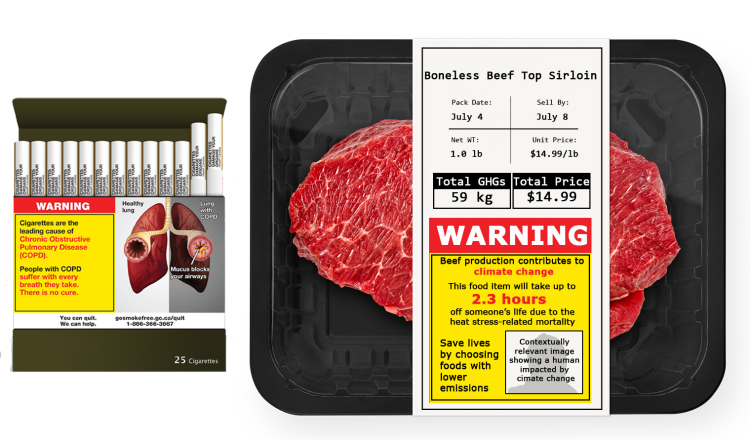An example of a carbon label with human impact information next to a tobacco box