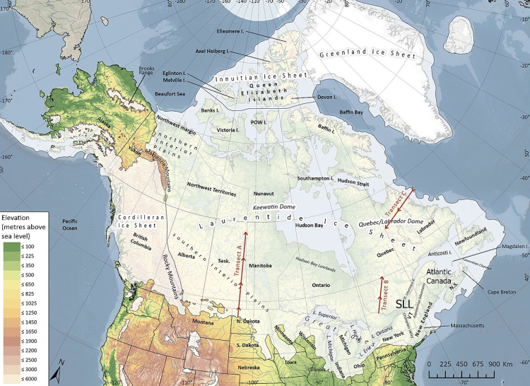 Map of North America revealing ice covering Canada, Greenland and Iceland