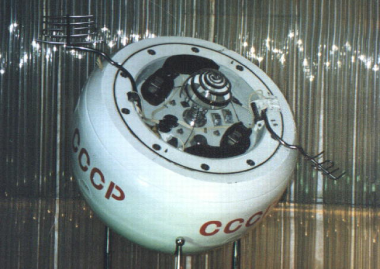 Spacecraft seen in a lab with the letters "CCCP" on its exterior