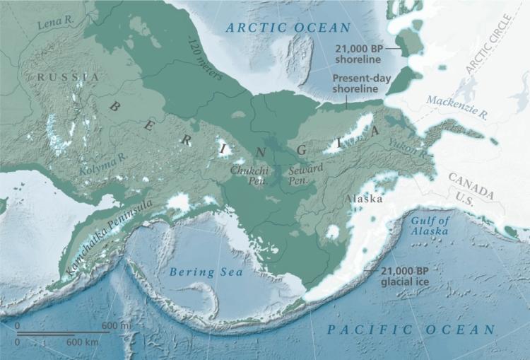 Map of Bering Strait with a land bridge joining Russia to Alaska
