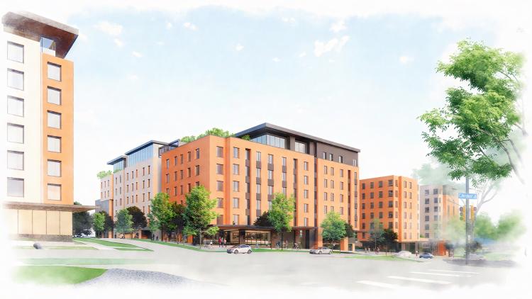 Artist's rendering of the proposed housing from Regent Drive and Colorado Avenue