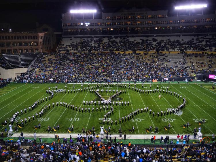 The Golden Buffalo Marching Band pays tribute to the retiring Ralphie V before Colorado's game against Washington on Saturday, Nov. 23, 2019. (Photo by Glenn Asakawa/University of Colorado)