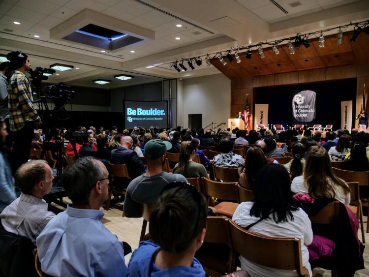 Chancellor Philip DiStefano speaks at the 2018 spring town hall.
