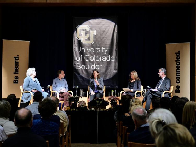 Panelists address audience questions on Academic Futures at the spring town hall. Photo by Glenn Asakawa.