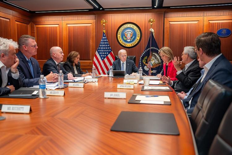 President Joe Biden and Vice President Kamala Harris are briefed by National Security Advisors and members of law enforcement agencies in the White House Situation Room.