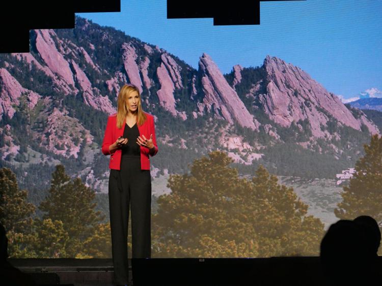 Stefanie Johnson, professor at the Leeds School of Business talks about The Myth of Meritocracy and What’s Next for Business​. Photo by Glenn Asakawa.