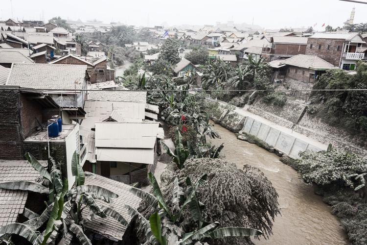 Ash covers rooftops in the Indonesian city of Yogyakarta.