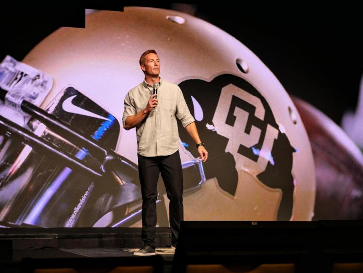 Former CU Buff football player and Fox Sports analyst Joel Klatt talks at CU Boulder Next. Photo by Glenn Asakawa.