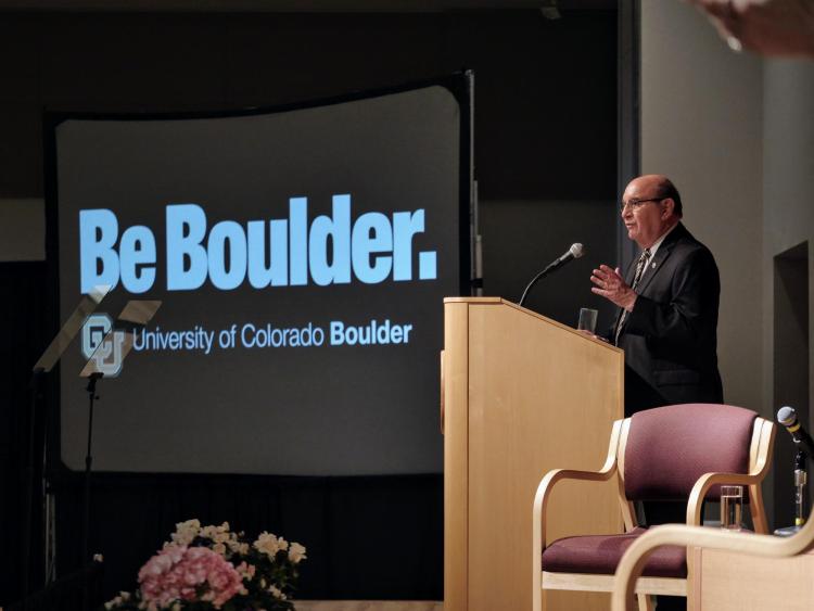 Chancellor Philip DiStefano speaks at the 2018 spring town hall.