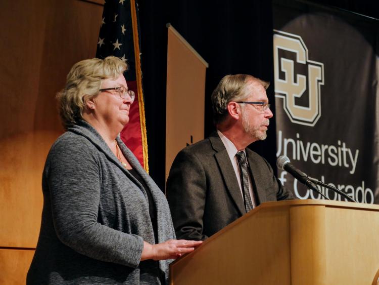 Emily CoBabe-Ammann and Jeff Cox introduce the Academic Futures panel.