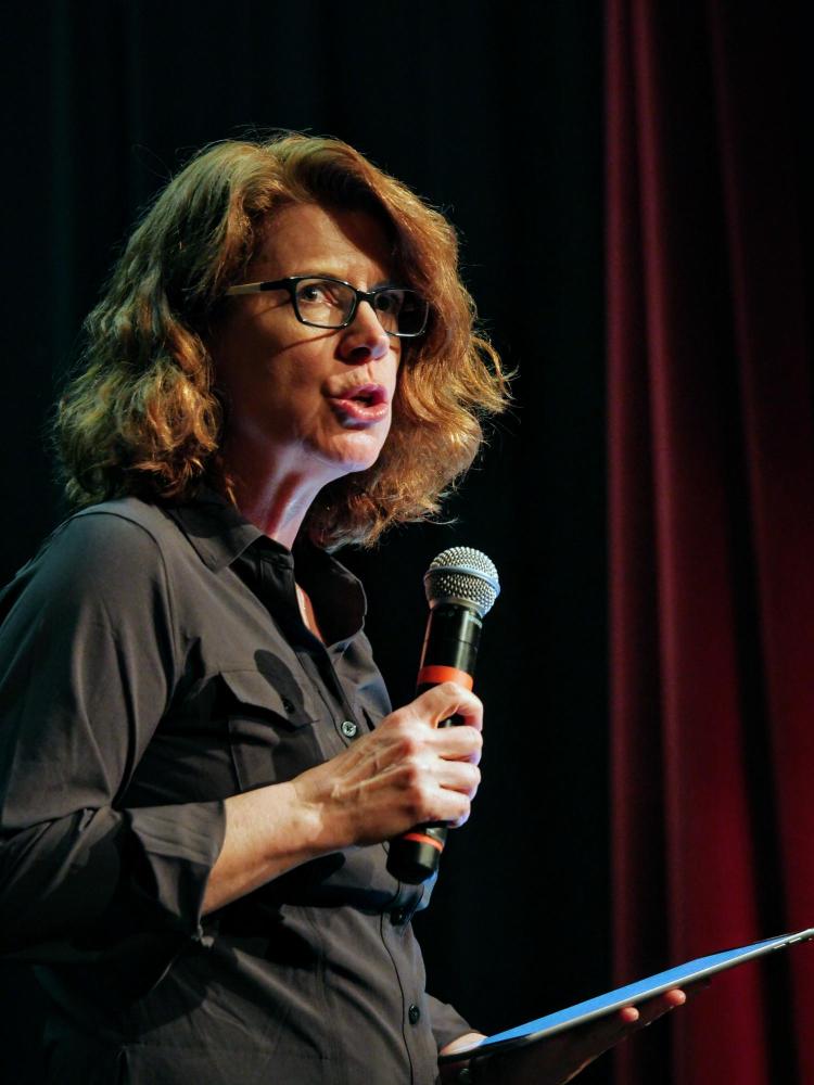 CU Boulder professor Lorraine Bayard de Volo speaks at the BuffsUnited event. Photo by Glenn Asakawa.
