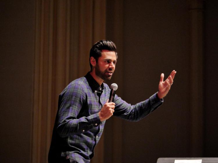 Hasan Minhaj speaks at Macky Auditorium. Photo by Glenn Asakawa.