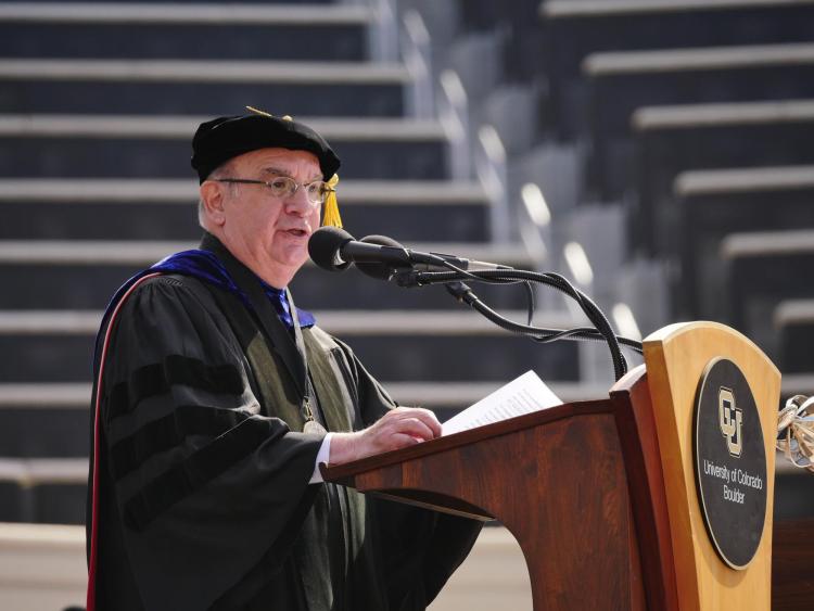 Chancellor Philip DiStefano congratulates the class of 2018 and offers remarks. Photo by Patrick Campbell.