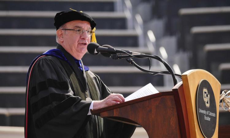 Chancellor Philip P. DiStefano gives a speech at the spring 2018 commencement ceremony.