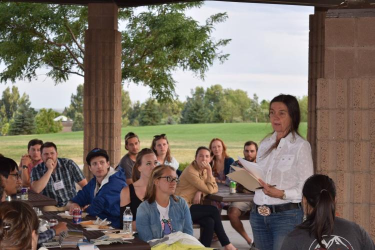 Patty Limerick discusses the importance of natural resource management in the American West with MENV students.