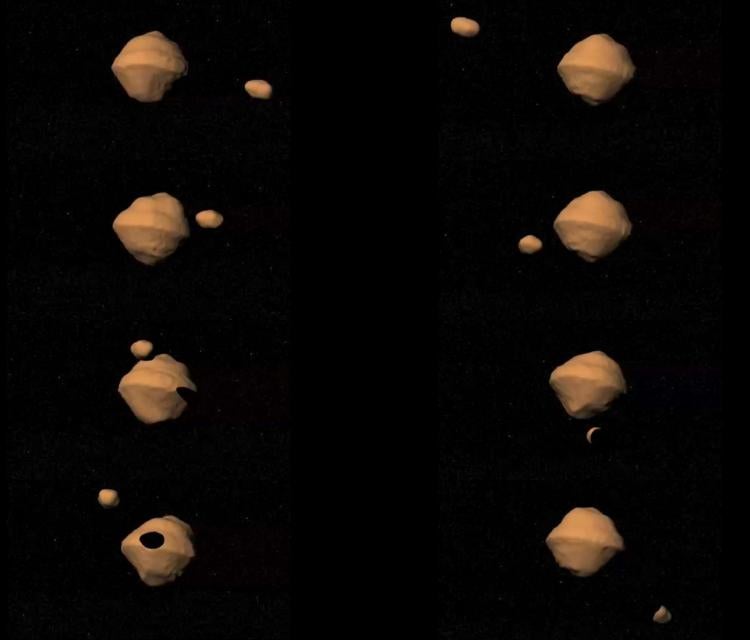 Computer-generated image of a "secondary" asteroid orbiting a much larger "primary" asteroid.