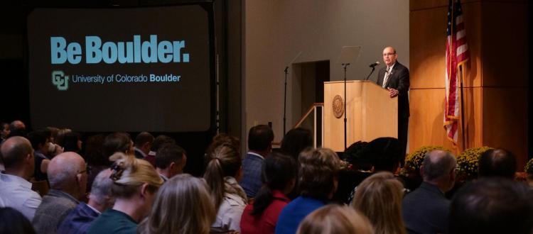 Philip DiStefano, Chancellor of the University of Colorado Boulder, gives the State of Campus speech at the University Memorial Center Glenn Miller Ballroom on Tuesday, October 17. (Photo by Glenn Asakawa/University of Colorado)