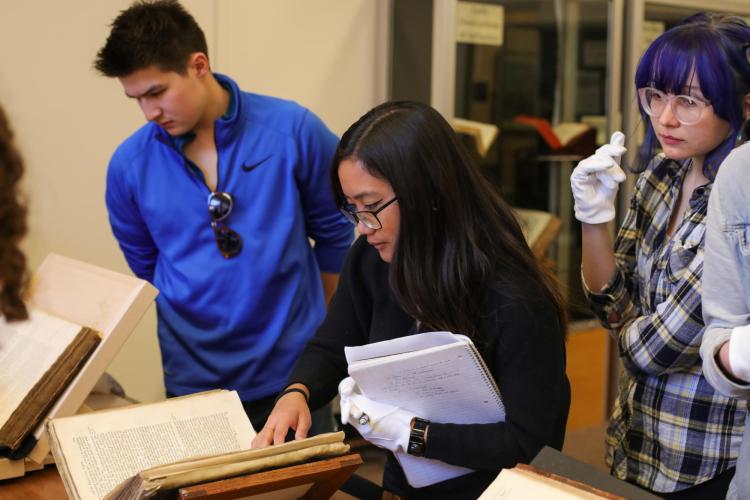 Students explore the Special Collections for class on Japanese literature and culture.