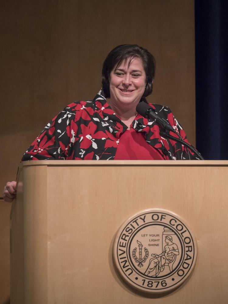 Katie Kramer, CEO and president of the Boettcher Foundation, addresses Boettcher scholars. Photo by Glenn Asakawa.