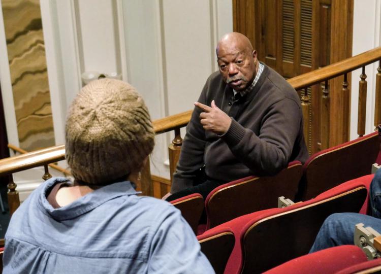 Keasley speaks during a dialogue at the 2018 MLK Day celebration at the Old Main Chapel