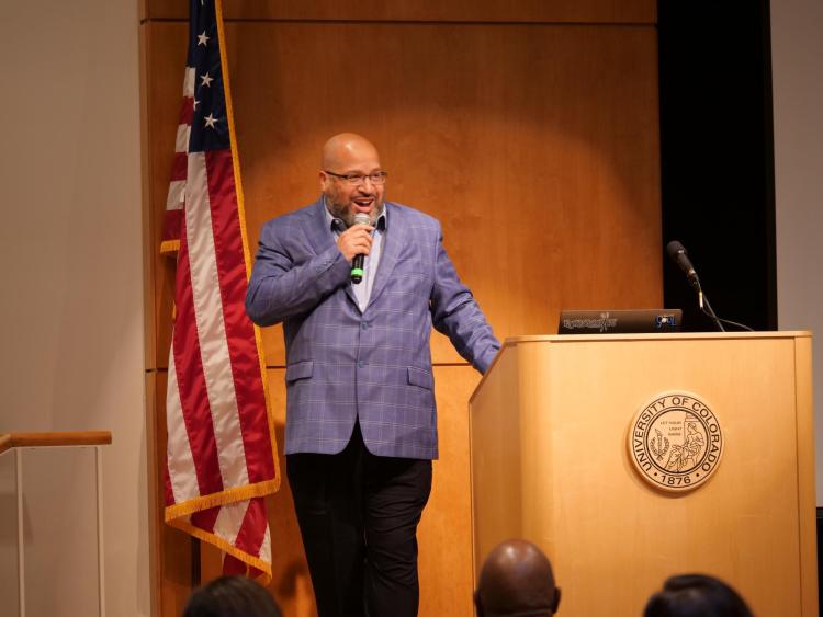Dr. Christopher Bell delivers the keynote address for the 2019 Fall Diversity Summit. (Photo by Glenn Asakawa/University of Colorado)