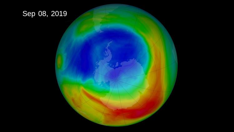 This NASA visualization depicts ozone concentrations from Sept. 8, 2019 in Dobson Units, the standard measure for stratospheric ozone.
