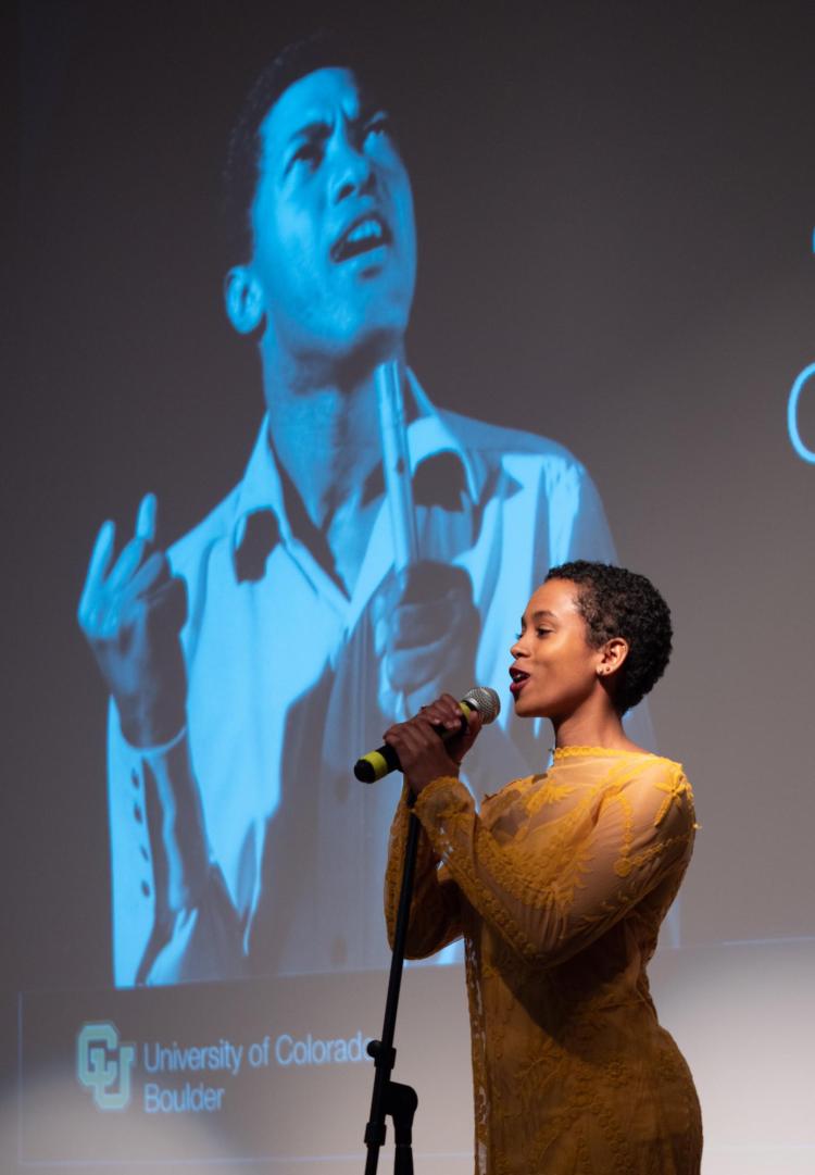 CU Boulder College of Music students Asha Romero and Lennart Triescchin perform the Sam Cooke song “A Change is Gonna Come” during the CU Boulder 2020 Spring Diversity Summit. (Photo by Glenn Asakawa/University of Colorado)