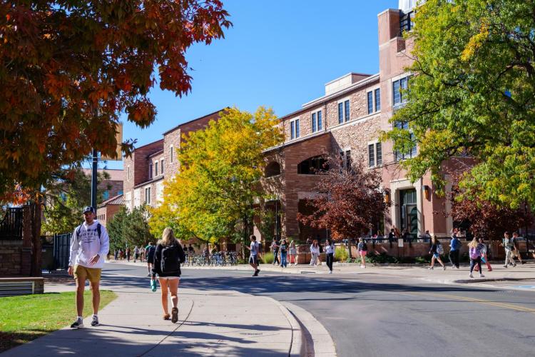 Campus community members walking on campus with fall foliage