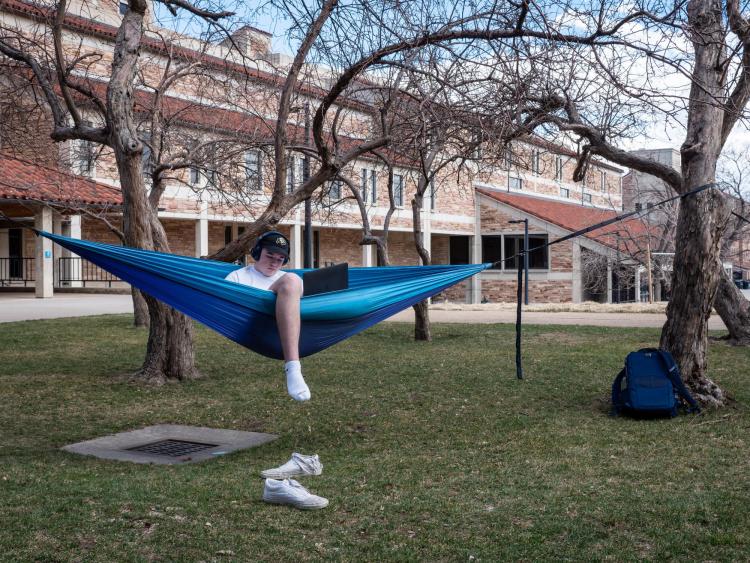 Student sitting in a hammock on campus
