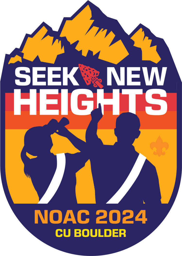 Conference logo that shows a boy and girl looking at the Flatirons and says: Seek New Heights NOAC 2024 CU Boulder
