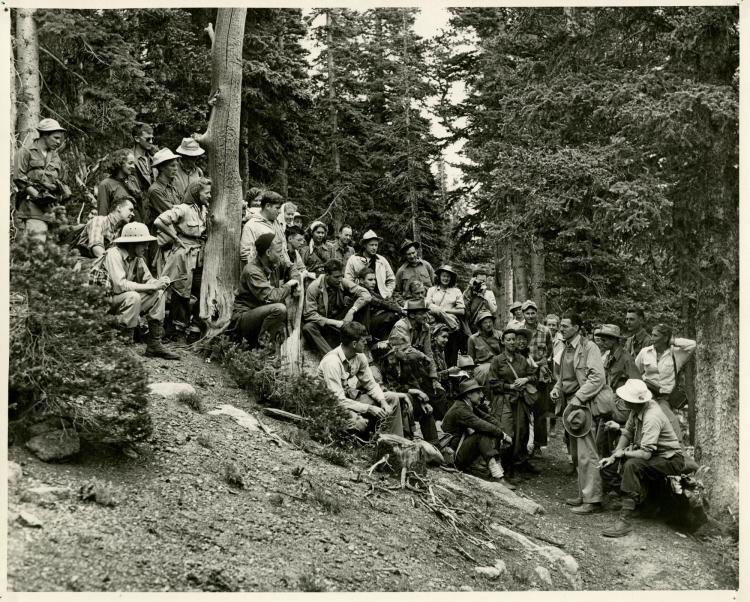 Dr. Ernest Wallstrom speaks to a geology class held at the Mountain Research Station in 1947.