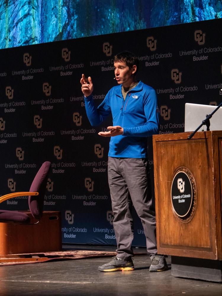 Alex Honnold speaks in Macky Auditorium