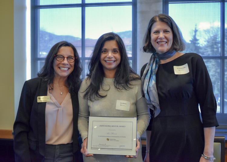 Awardee Anu Sharma (center) with Vice Chancellor Michele Moses (left) and Vice Chancellor Ann Schmiesing (right)